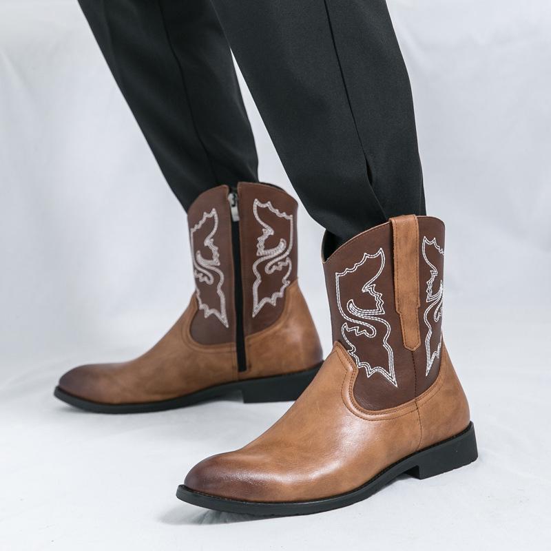 Men's Retro Western High-Top Boots: Large Size, Matte Leather, Pointed Toe, Chunky Heel, Embroidered, Autumn/Winter.
