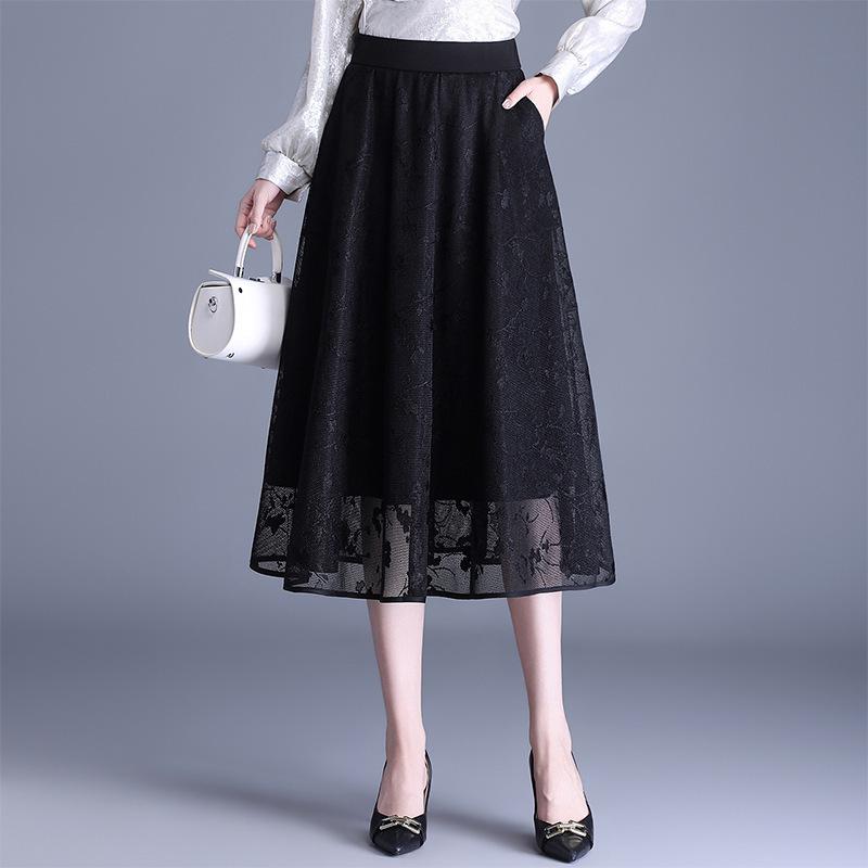 Spring/Summer 2026 Draped Pleated Midi Skirt with Elastic Waist and Lace Floral Mesh A-Line Design M