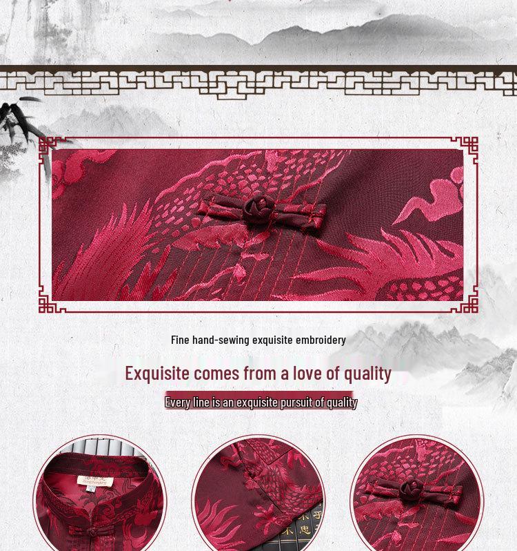 Silk Satin Dragon Tang Suit: Short-Sleeve Hanfu Shirt for Middle-Aged & Elderly Men, Lay Buddhist Attire with Frog Buttons