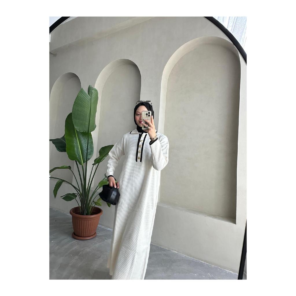 Übergroßes, geknöpftes V-Ausschnitt-Hijab-Kleid aus gerippter Strickware, geripptes langes Winterkleid in voller Länge