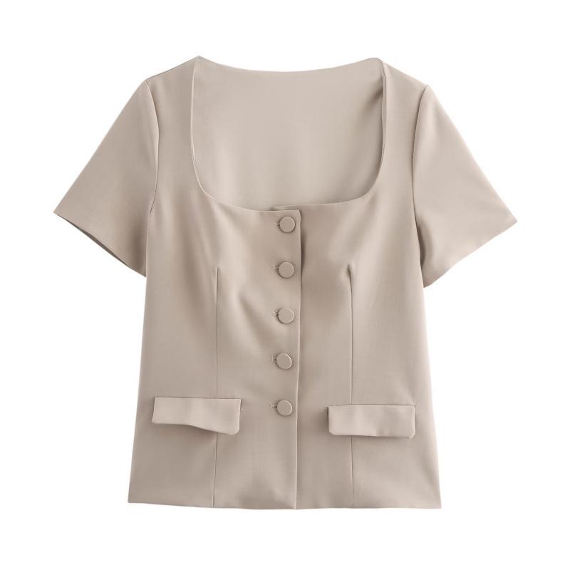 

Европейский и американский кардиган женский с квадратным вырезом, однобортный, с коротким рукавом S хаки