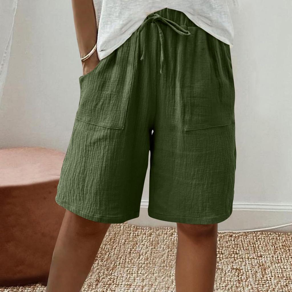 Women's Fashion Cotton-Linen Blend Pocket Elastic Waist Loose-Fit Casual Cropped Pants