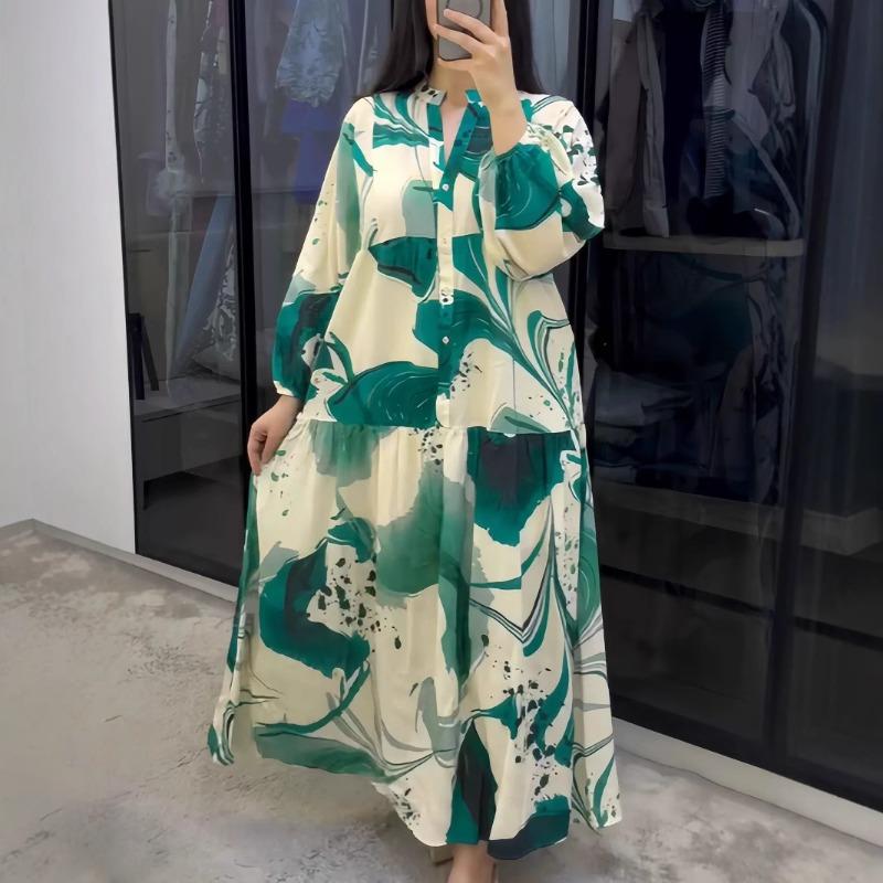 European and American new, printed dress loose casual long-sleeved temperament v-neck long dress women