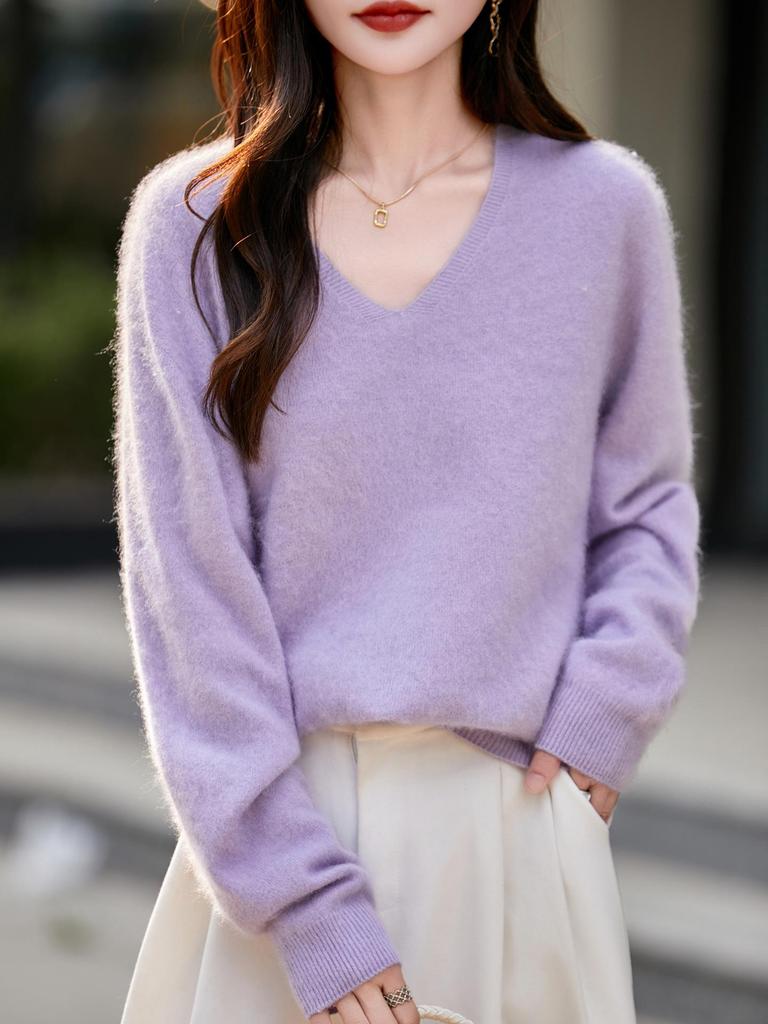 Women's High-Grade Seamless Wool V-Neck Sweater - Autumn/Winter Collection, Long Sleeve, Soft Plush Knit Base Layer