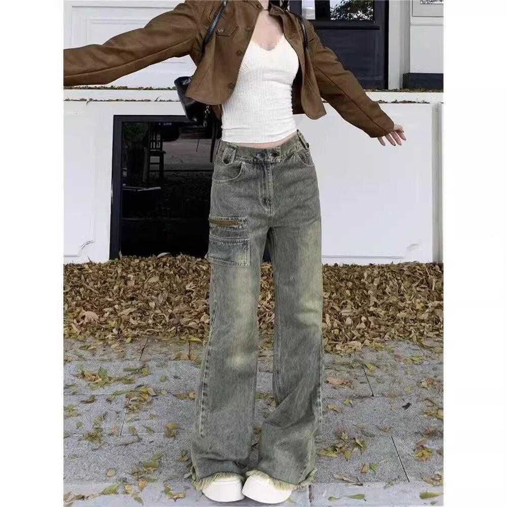 

Женские джинсы класса люкс в стиле ретро с необработанным краем, микро-клеш, дизайн с широкими штанинами и множеством карманов 2XL