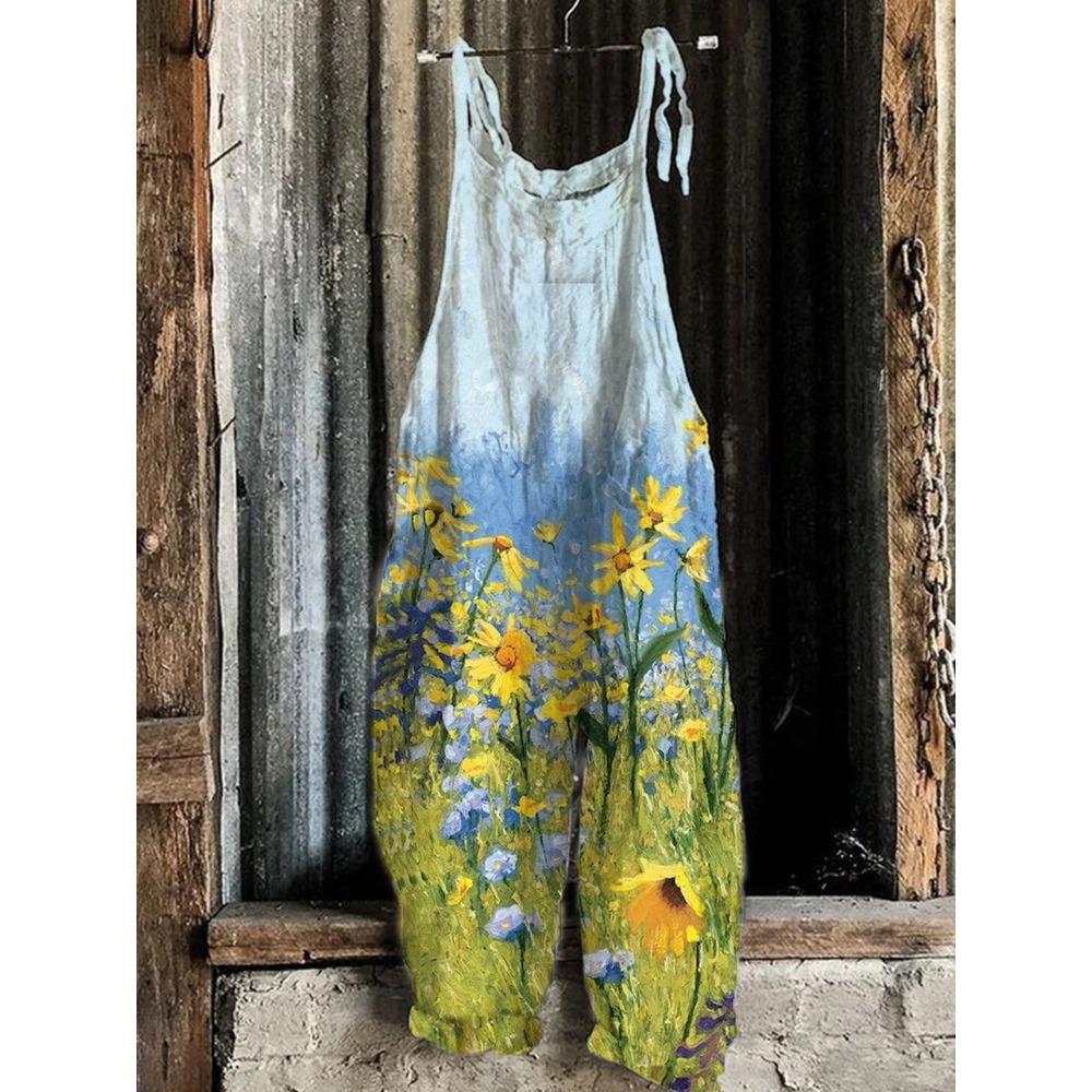 Women s Dragonfly Print Sleeveless Linen Overalls Jumpsuit S