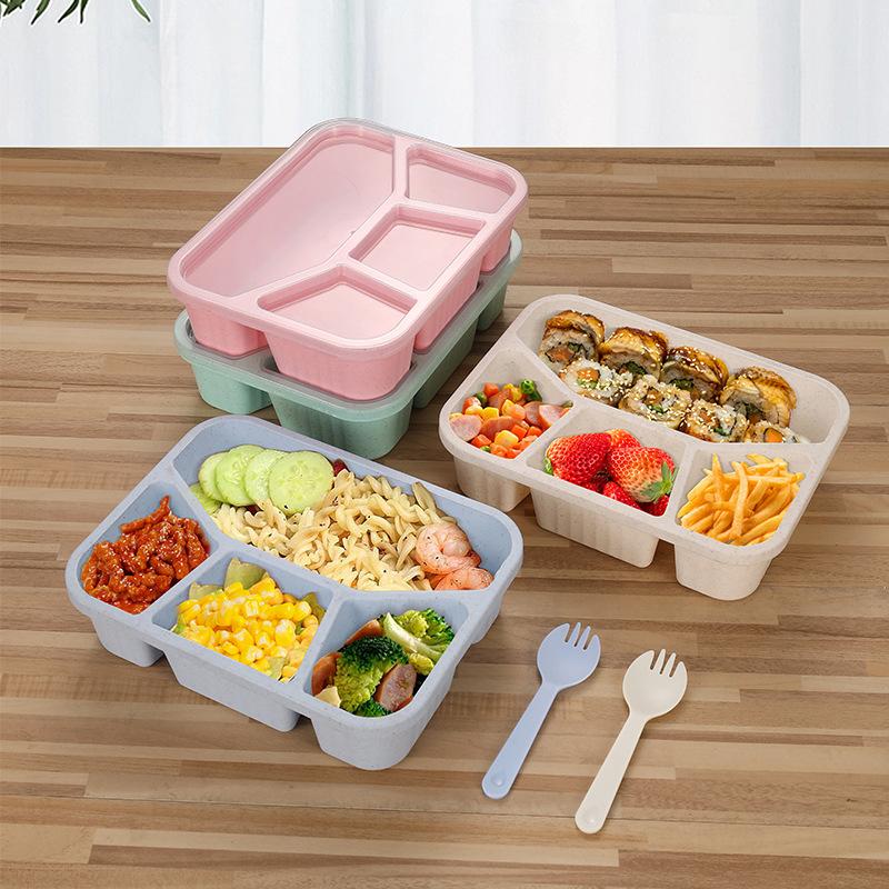 4 Grids Natural Wheat Straw Tableware Lunch Box Dinnerware Storage Biodegradable Unbreakable Plates for Food Salad Snack Student