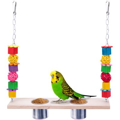 Columpio colgante de madera para pájaros con tazas de alimentación, columpio, juguetes para masticar, suministros para pájaros para periquitos y cacatúas