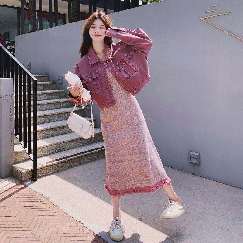 

Korean Style Denim Jacket & Camisole Dress Set for Women, Autumn 2026 Knit Two-Piece S (85-105 lbs)
