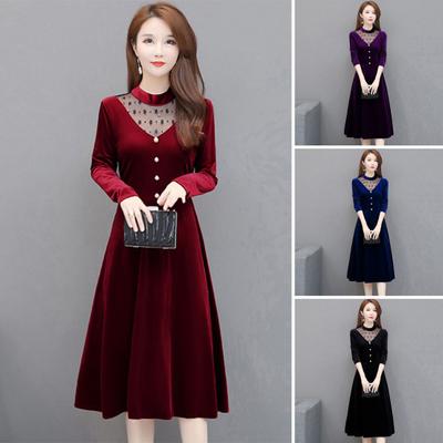 Office Lady Elegant Velvet Dress O-neck Hollow Out Mesh Yarn Stitching A-Line Dress Long Sleeve Buttons Decor Loose Hem Midi Dress