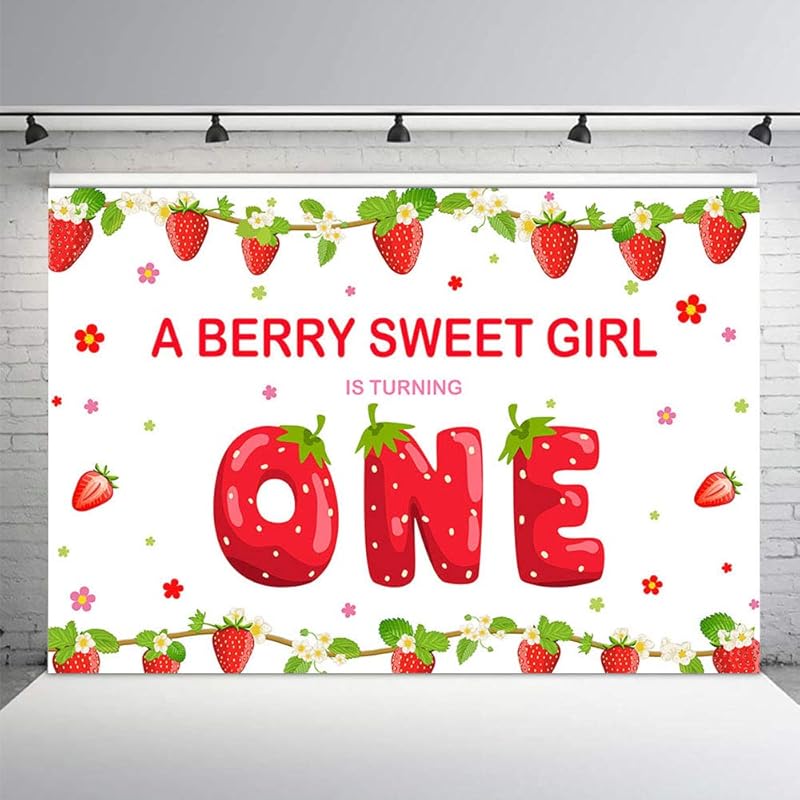 MEHOFOND Strawberry Girl First Birthday Party Photo Background Banner Berry Sweet Girl 1st One Birthday Red and Green Fruits Backdrops Props for Cake 7x5ft
