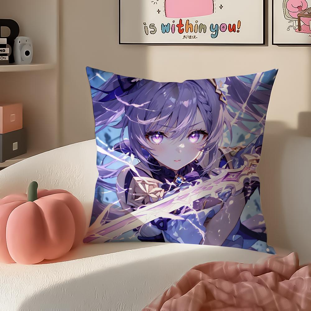 Game Genshin Keqing Cushion Cover Pillowcase Short Plush Invisible zipper Room Sofa Cushion Cover