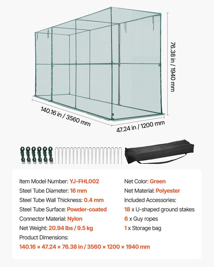 Crop Cage, 3.56 X 1.2 X 1.94 M Plant Protection Tent with Zippered Door, Wind-Resistant Tall Crop Cage, Easy To Install, Outdoor Raised Bed Cover,