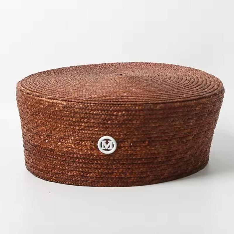 Ins Blogger Natural Straw Pillbox Hat Flat Berets Women HandWoven Sun Hat Summer Circle Concave Top Church Derby Party Beach Cap