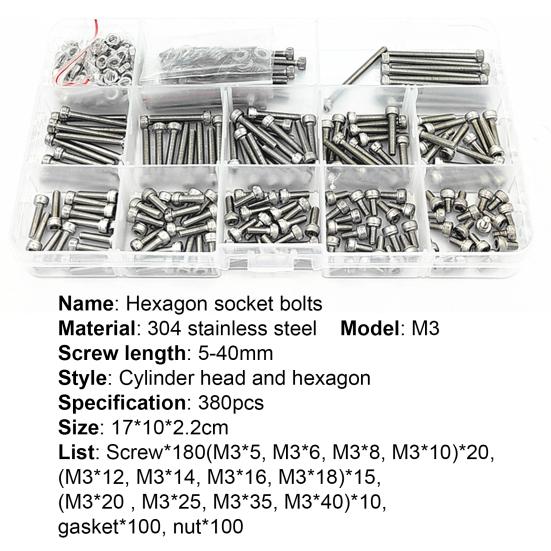 380 stk M3 sekskantet hodehette Skruer Bolter Muttere Rustfritt stål sortimentsett for maskiner