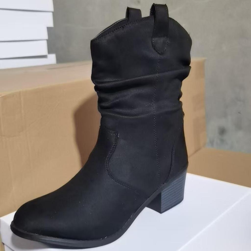 Women's Western Cowboy Boots , Autumn Comfortable Retro Chunky Heels Pu Leather Boots Women Ankle Boots Size 42 Botas ,