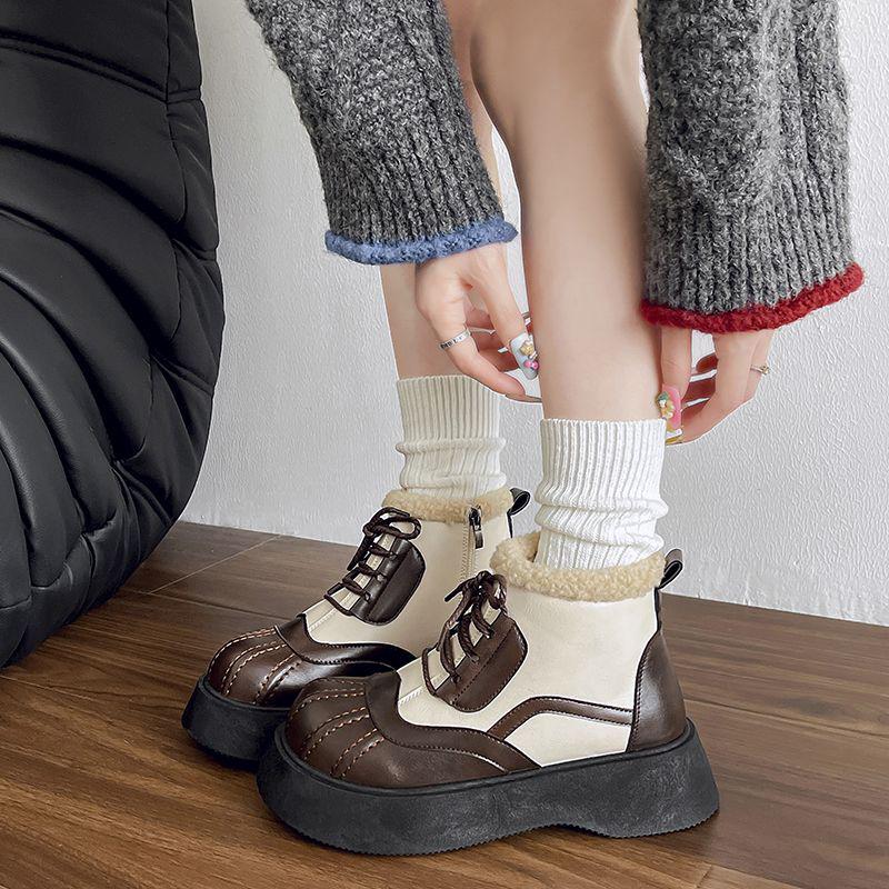 Women's Korean Style Thick Sole Ankle Boots - British College Style, Autumn/Winter High Heels, Height Increasing, Cotton Shell.