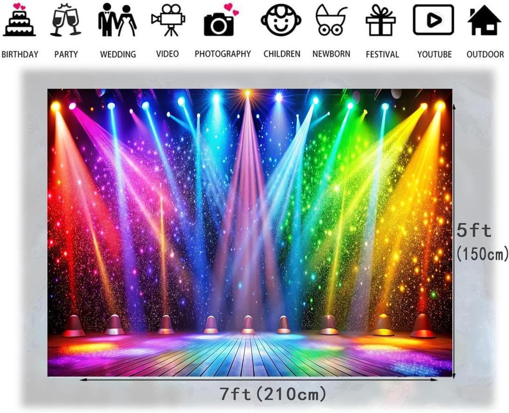 7x5ft Fabric Disco Rainbow Stage 70s 80s 90s Backdrop Vintage Lights Photography Background Rock Music Club Neon Glow Party Decorations