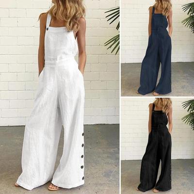 New  Women Square Neck Sleeveless Pure Cotton Wide Leg Jumpsuits
