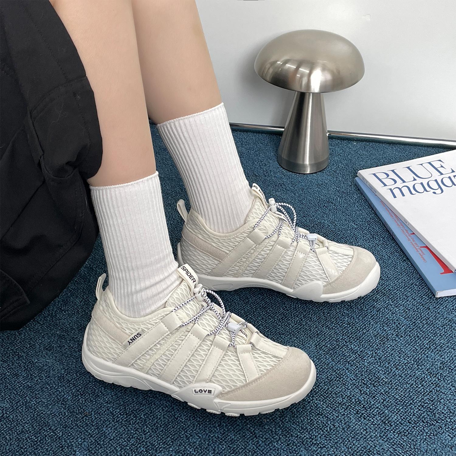 

Leather casual sports board shoes mesh breathable big head ugly cute soft sole outdoor mountaineering moral training shoes women 2025 new 40 бежевый