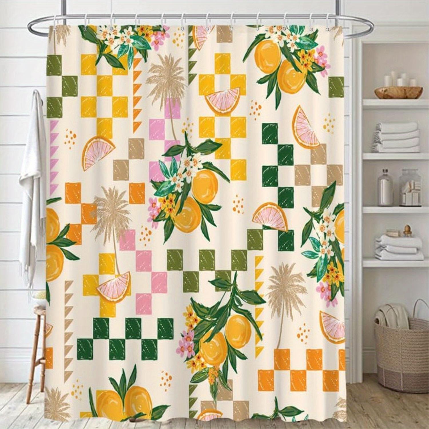 

1Pc Lofaris Tropical Fruit Shower Curtain - Square Grid Lemon & Palm Leaf Design, Vibrant Yellow, Green, Pink & Orange Polyest W60H190(CM)-1 Pcs