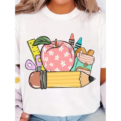 Women's Oversized Retro Apple Pencil Ruler Graphic T-Shirt Lightweight Breathable Pastel Tee Teacher Appreciation Casual Wear