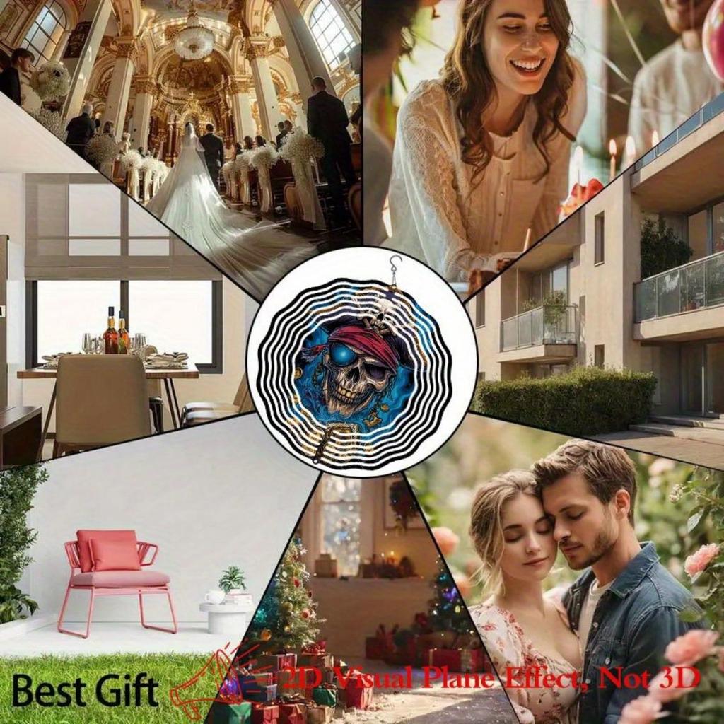 10 Zoll Piratenschädel Windspiel Metall Drehendes Mandala Gartendekor für Außen Terrasse Rasen Hof Kein Strom benötigt Künstlerischer Sonnenfänger