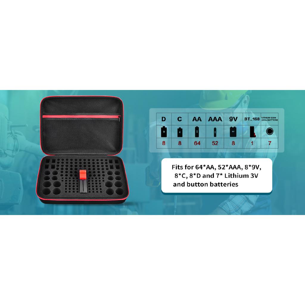 Battery Organizer Case With Tester Holds 150+ AA AAA 9V C D Lithium Button Batteries Hard Shell For Home Garage Batteries