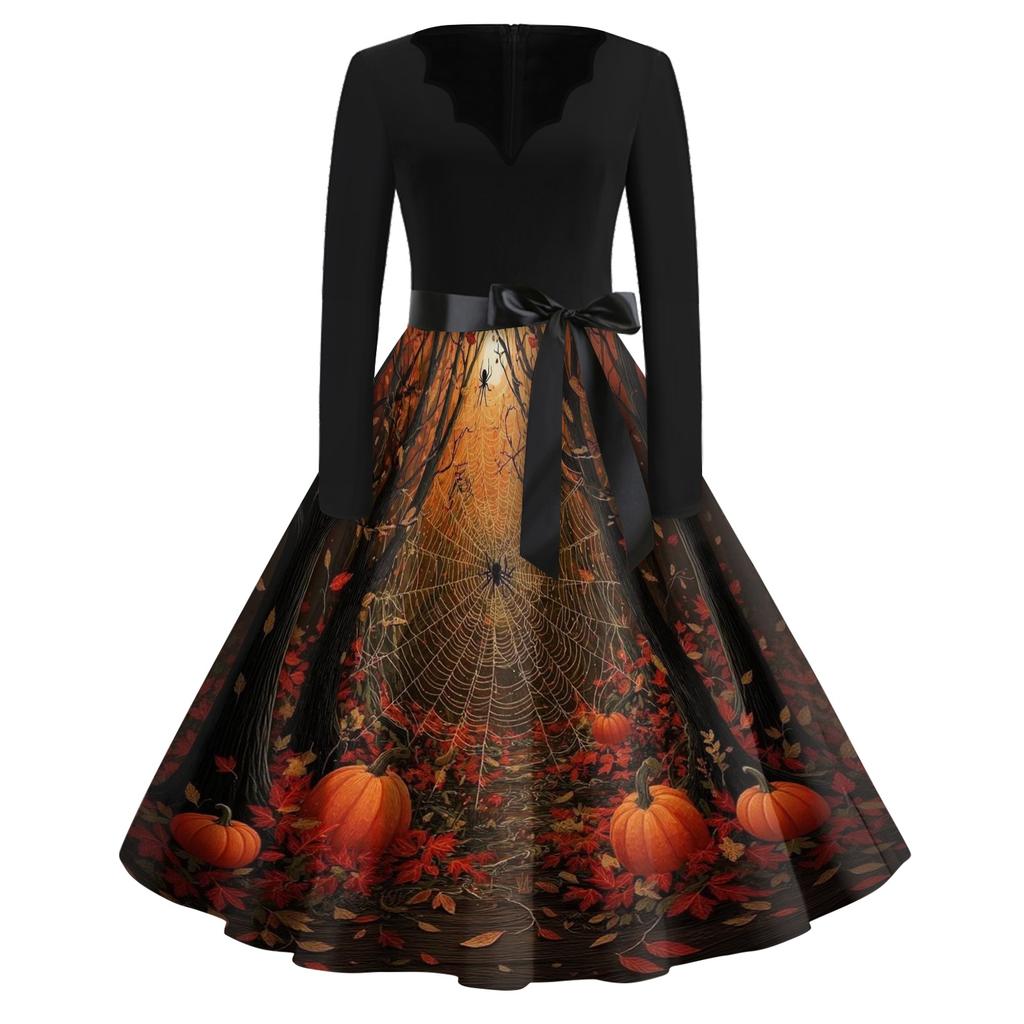 Women Casual Vintage V Neck Dress Halloween Printed Long Sleeve Retro Swing Dress with Waist Tie Belt for Daily Wear