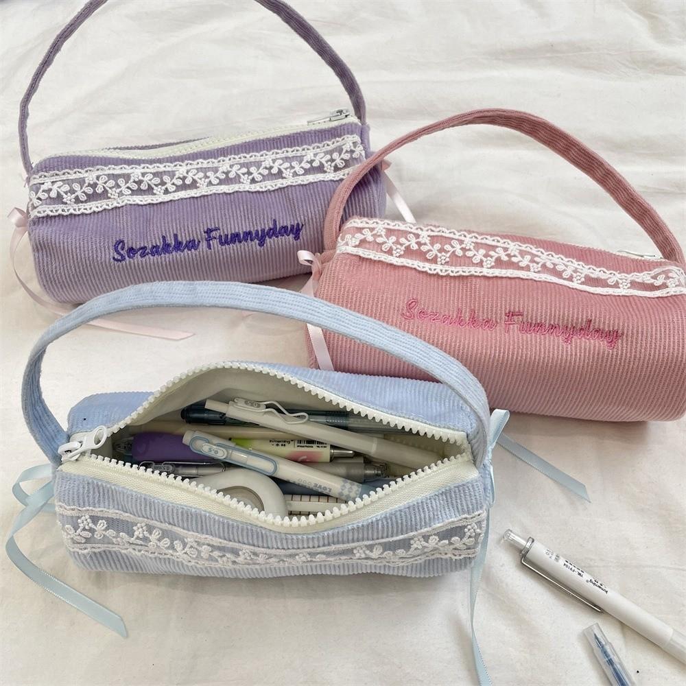 Bowknot Korean Style Pencil Case Lace Bow Pencil Pouch Handheld Stationery Bag Children