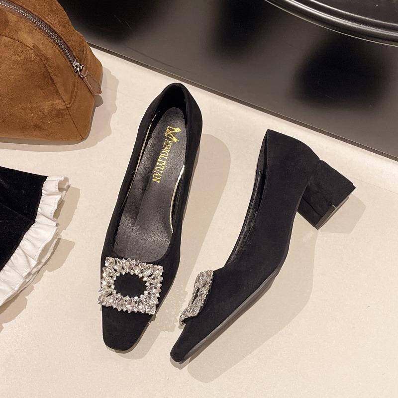Square-toed Women's Singles Shoes  Spring and Autumn Frosted New Shallow French Rhinestone Temperament