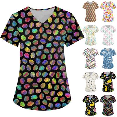 Women's Fashion V-neck Short Sleeve Workwear With Pockets Easter Printed Tops