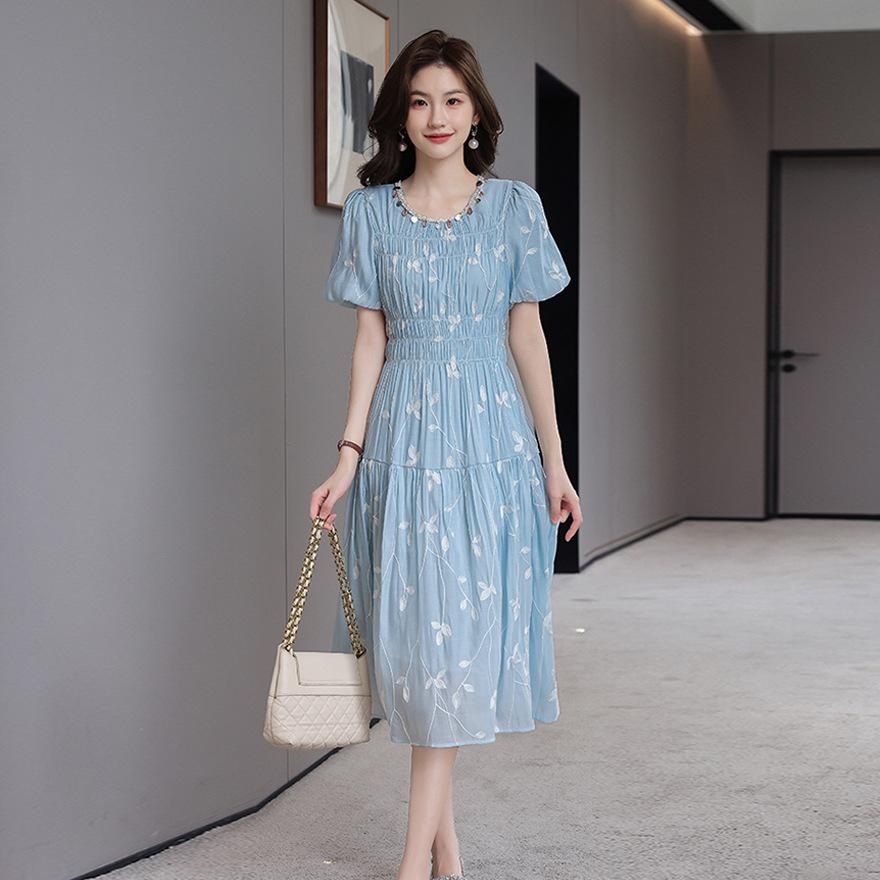 

Летнее новое платье с круглым вырезом, вышивкой, талией, темпераментом и тонкое платье в праздничном стиле 2XL