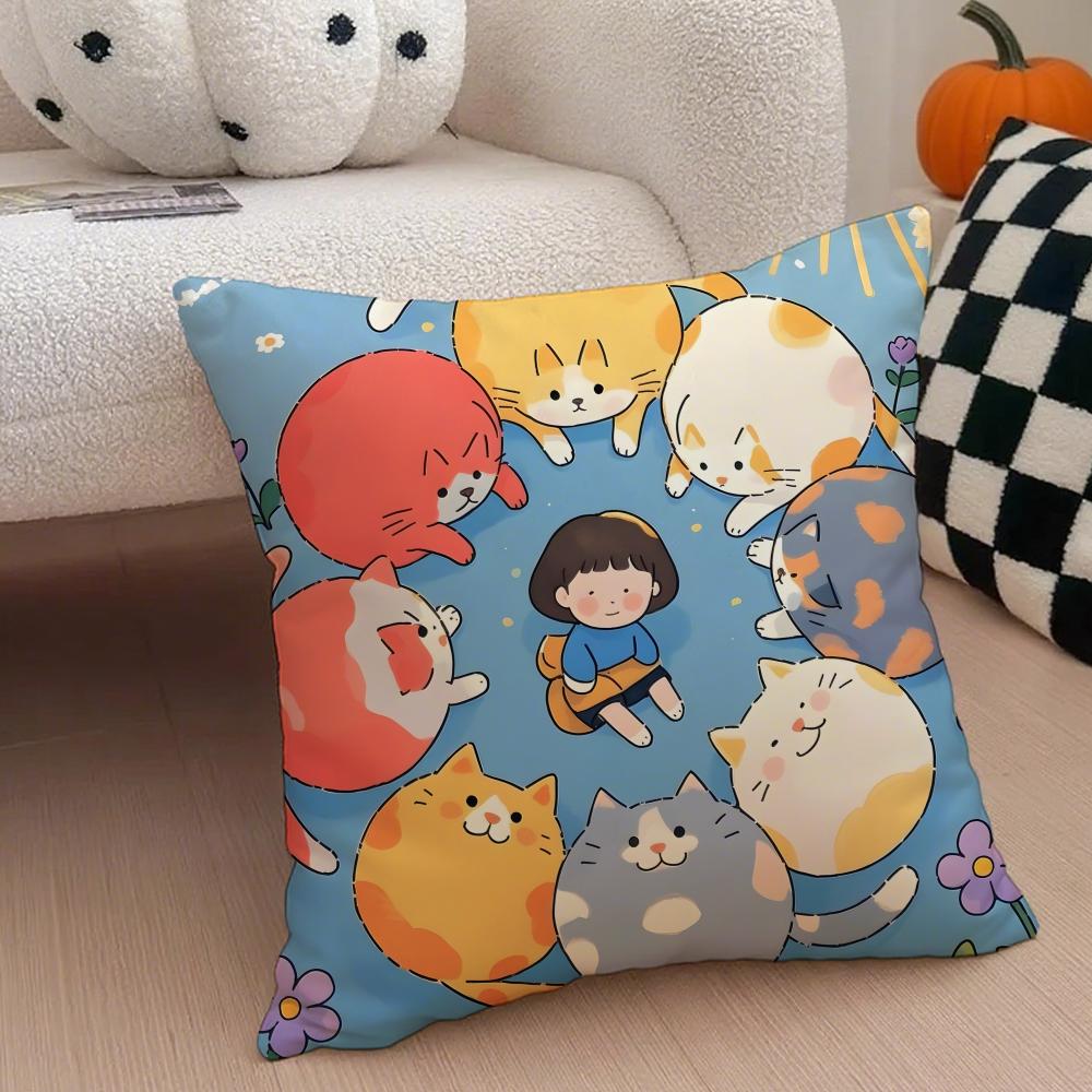 Cartoon Cute Cat Picture For Wake Up Cushion Cover Throw Pillow Cover Hidden Button Durable Polyester Chair Cushion