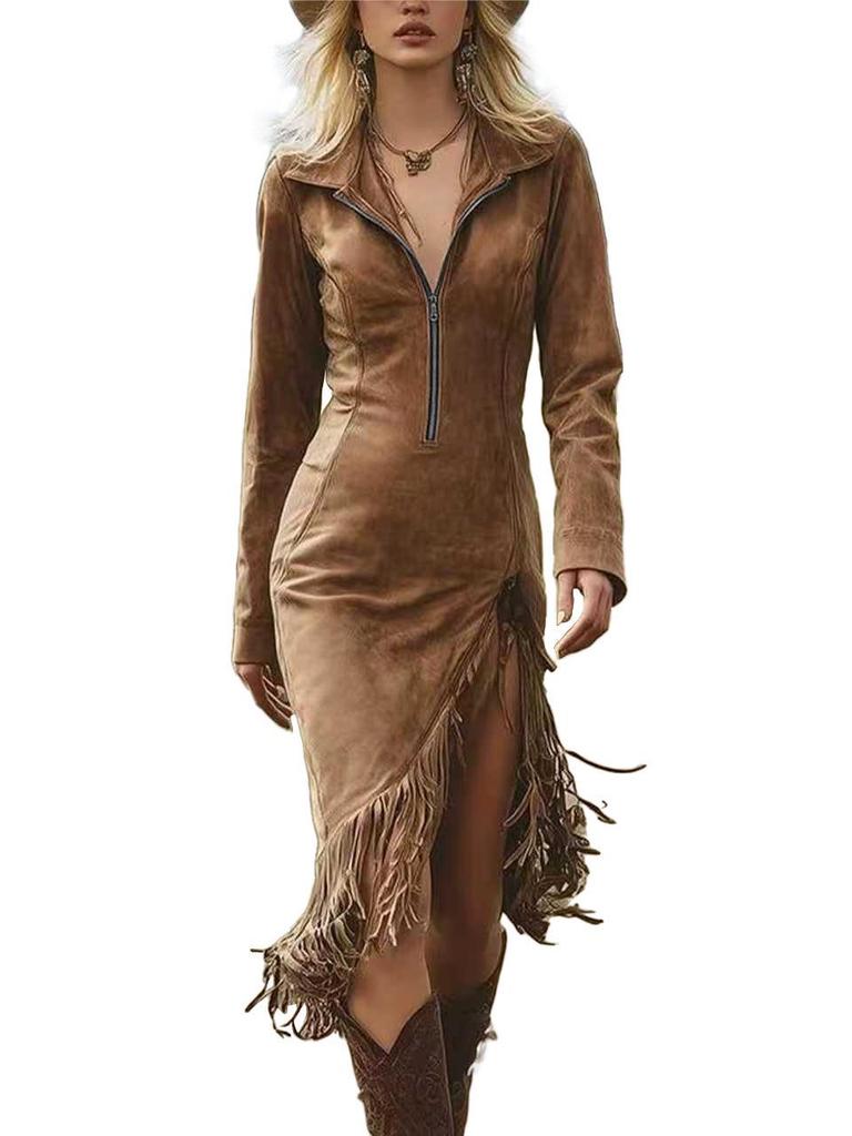 2025 Western Cowboy Style Suede Tassel Slim Fit Long Sleeve Dress