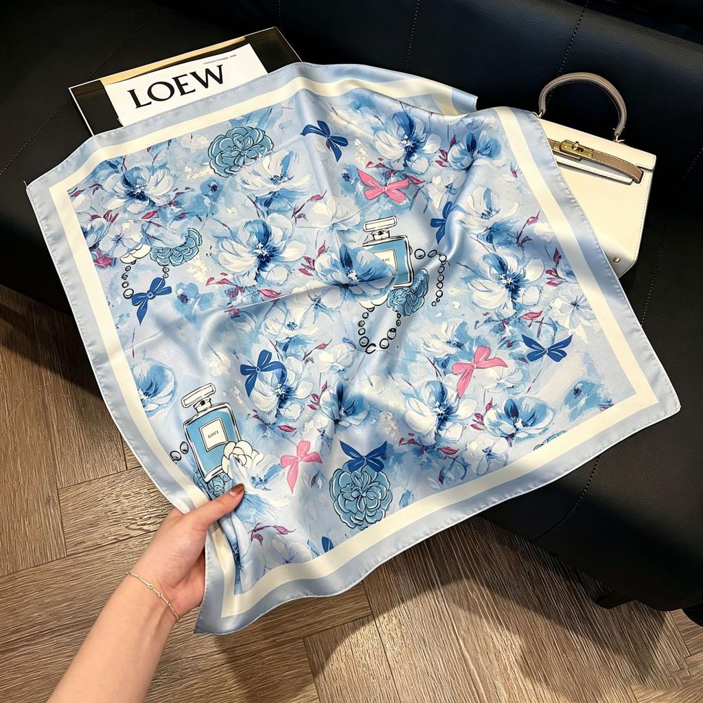 71Cm New Chinese Simulation Silk Square Scarf Soft and Skin-friendly Ink Flower Rhyme Printing Silk Scarf Neck Sunscreen Small Scarf