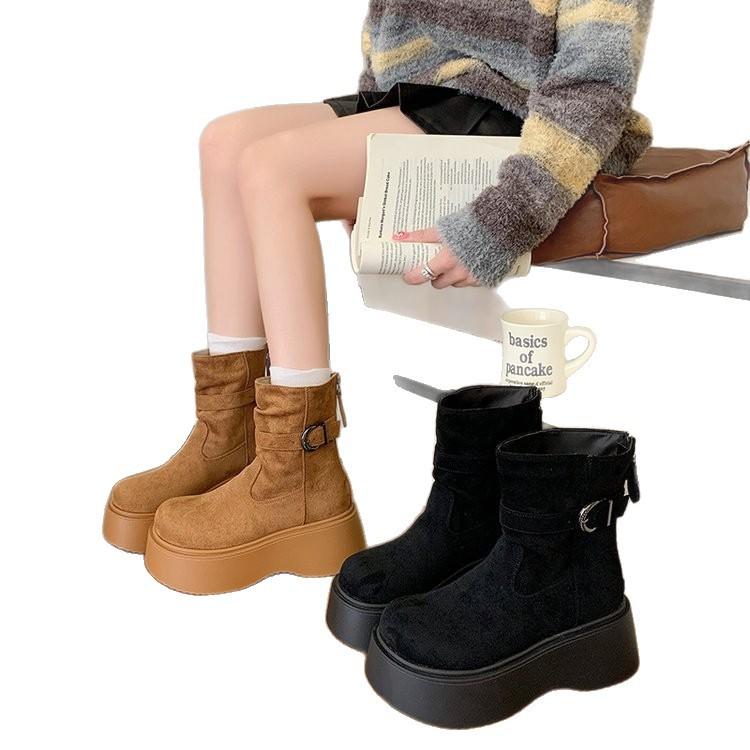 Retro Suede Small Man Super Fire Heightening Thick-soled Martin Boots Women's 2025 Autumn New Maillard Slim Short Boots