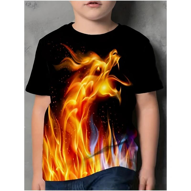 Boys Kids Clothes Flaming Dragon 3D Print Short Sleeves Graphic T Shirts Summer Outdoor Clothes for Children Children's T-Shirt