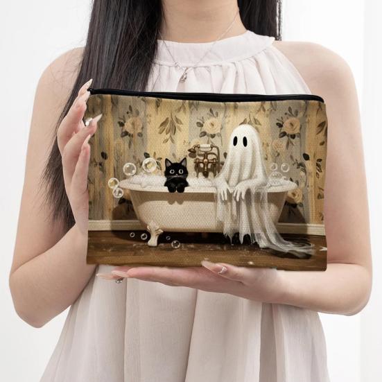 Digital Print Pouch Halloween Theme Cosmetic Bag, Durable Canvas Zipper Makeup Pouch, Storage Bag Portable for Stationery And Daily Cute Organizer