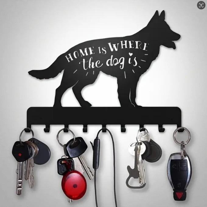 Temu Mini Metal Wall-Mounted Key Holder - Dog Design & Letter Ornament Black