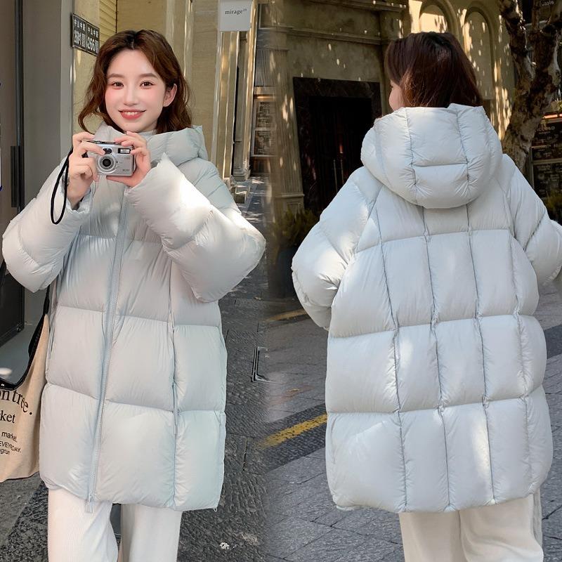 Large Version Down Cotton Clothes Women's Medium and Long Soft Warm Puffs Down Cotton Solid Color Hooded Small Fresh Coat