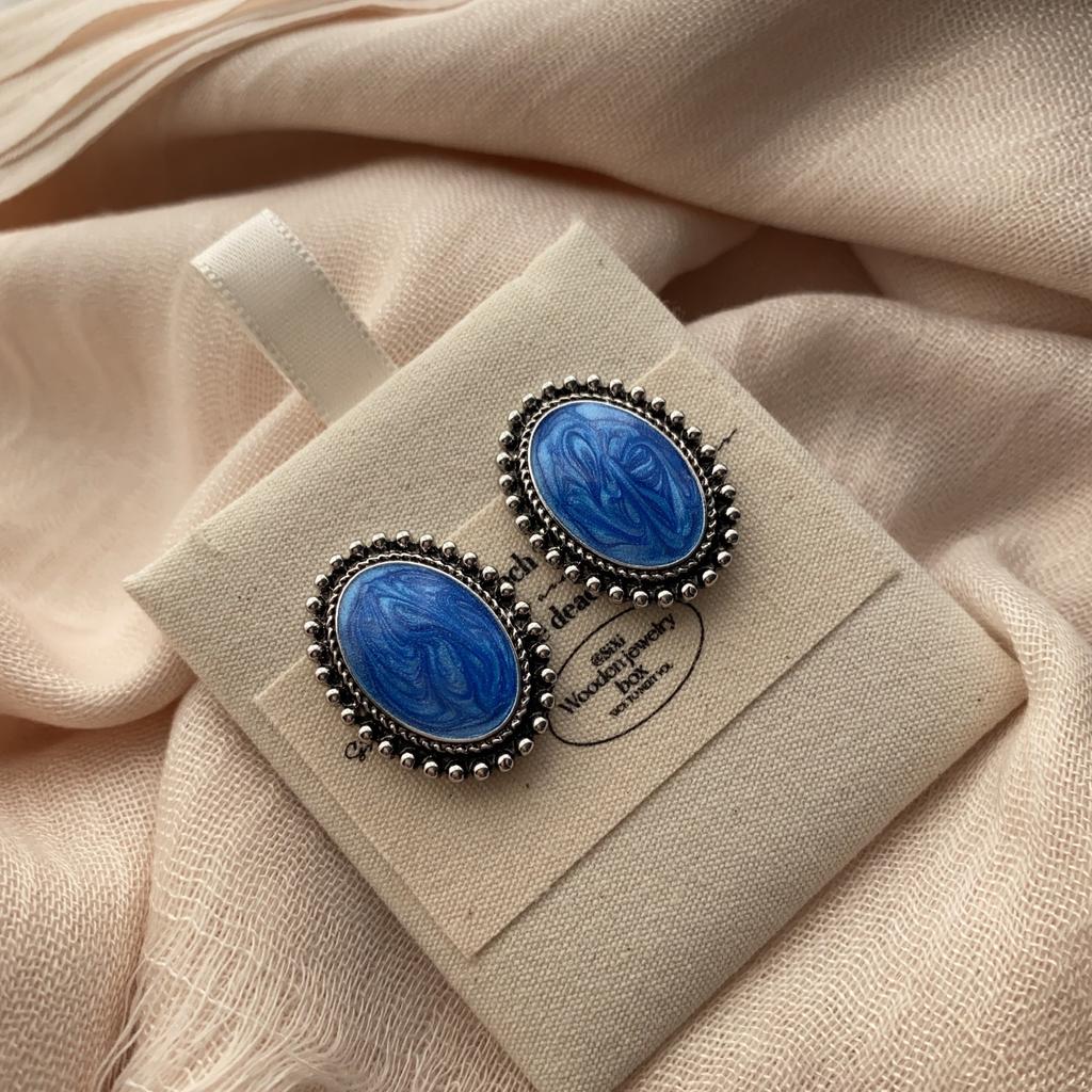 Oval Blue Texture Drip Earrings Earrings Niche Light Luxury Personality Ethnic Style Exquisite High Temperament Earrings