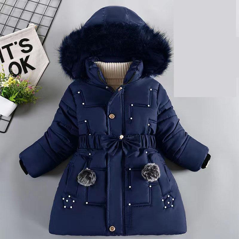 Girls' Winter Medium To Long Style Clothes Thick Keep Warm Girls Jacket Detachable Hat Plush Collar Hooded Padded Lining Coat for Kids Children