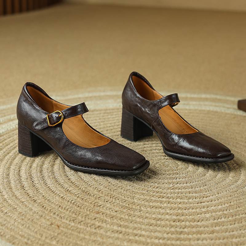 Krazing Pot Sheepskin Fashion Summer Spring Autumn Thick High Heels Metal Buckle Women  European Design Square Toe Pumps