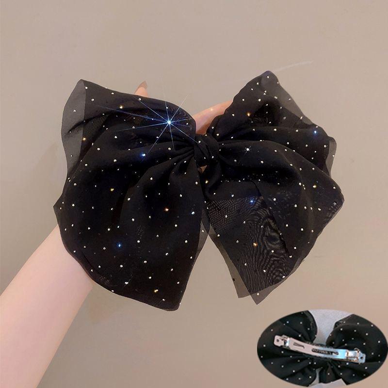 Elegant Temperament Mesh Hair Clip for Woman Rhinestone Large Bow Hairpin Fashion Girl Duckbill Clip