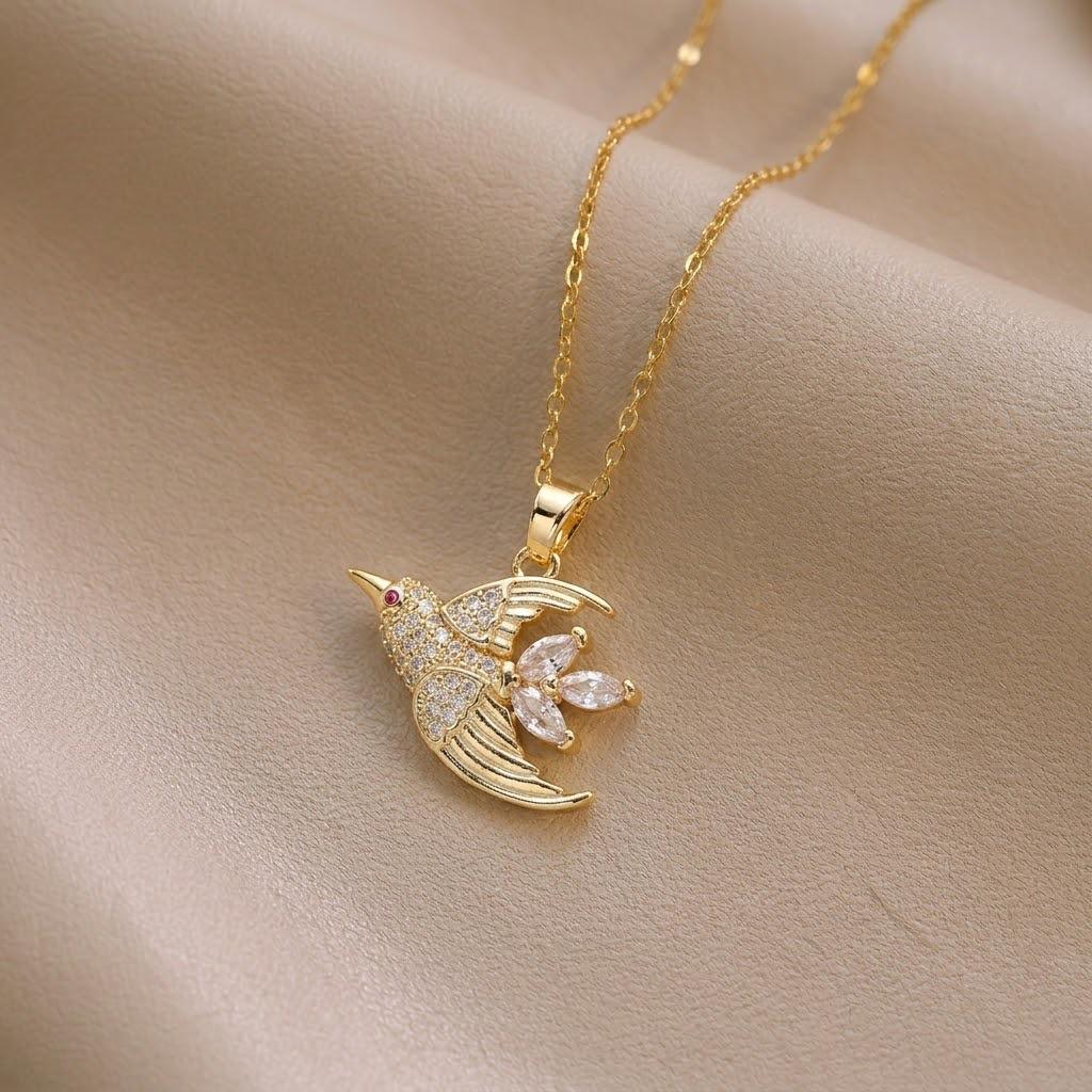 European & American Style Colored Zircon Bird & Butterfly Pendant Clavicle Necklace for Women