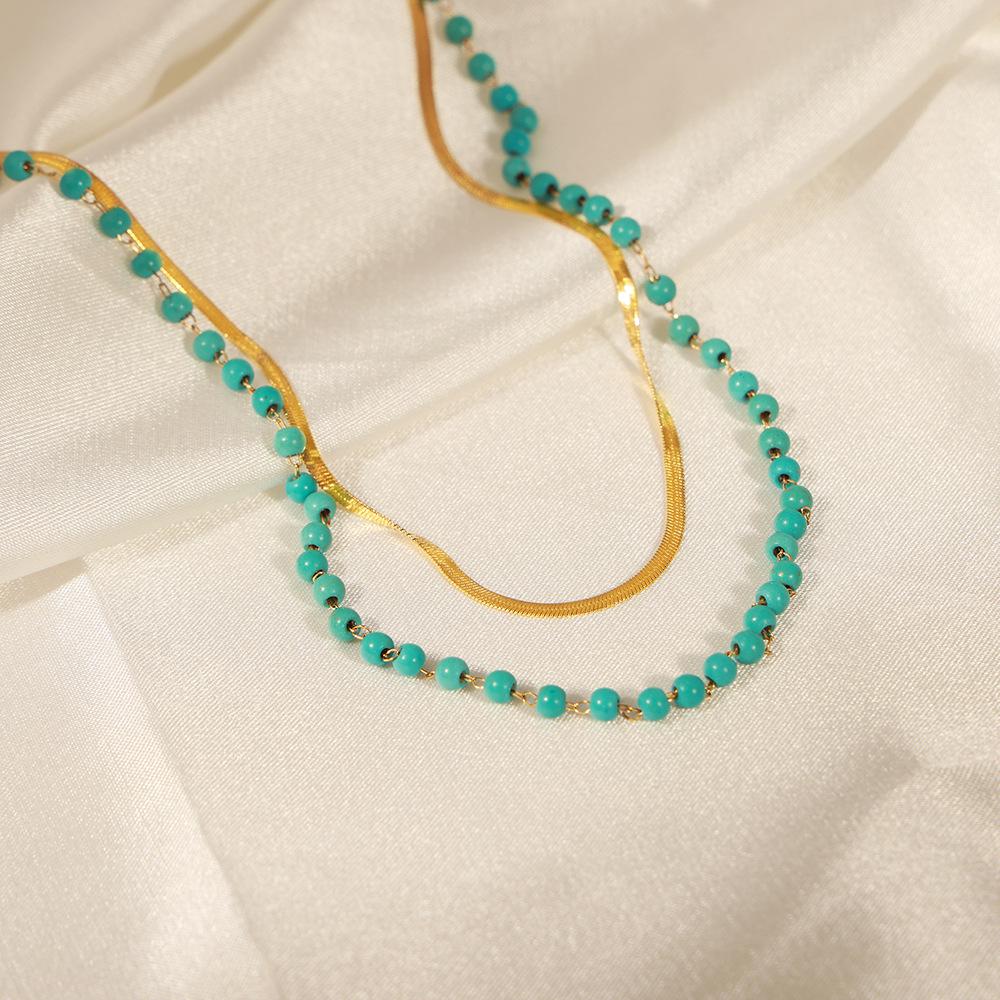 European & American Titanium Steel Geometric Turquoise Double-Layer Clavicle Chain Necklace for Women - Fashionable & Versatile Design