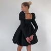 Women's Black Spring Backless Puff Dress with Lace-up Waist-Cinching and French Square Neck