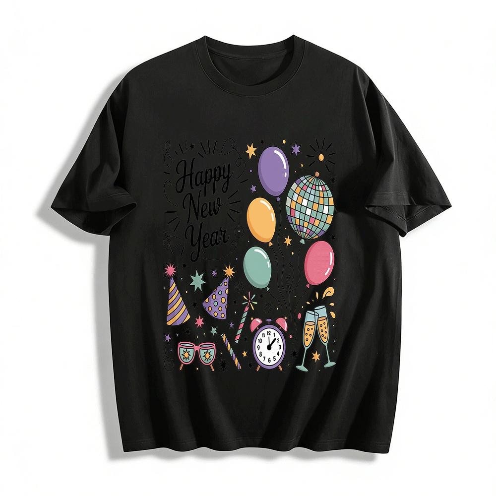 

Happy New Year Party Graphic Casual Top Pure cotton T-shirt XXS