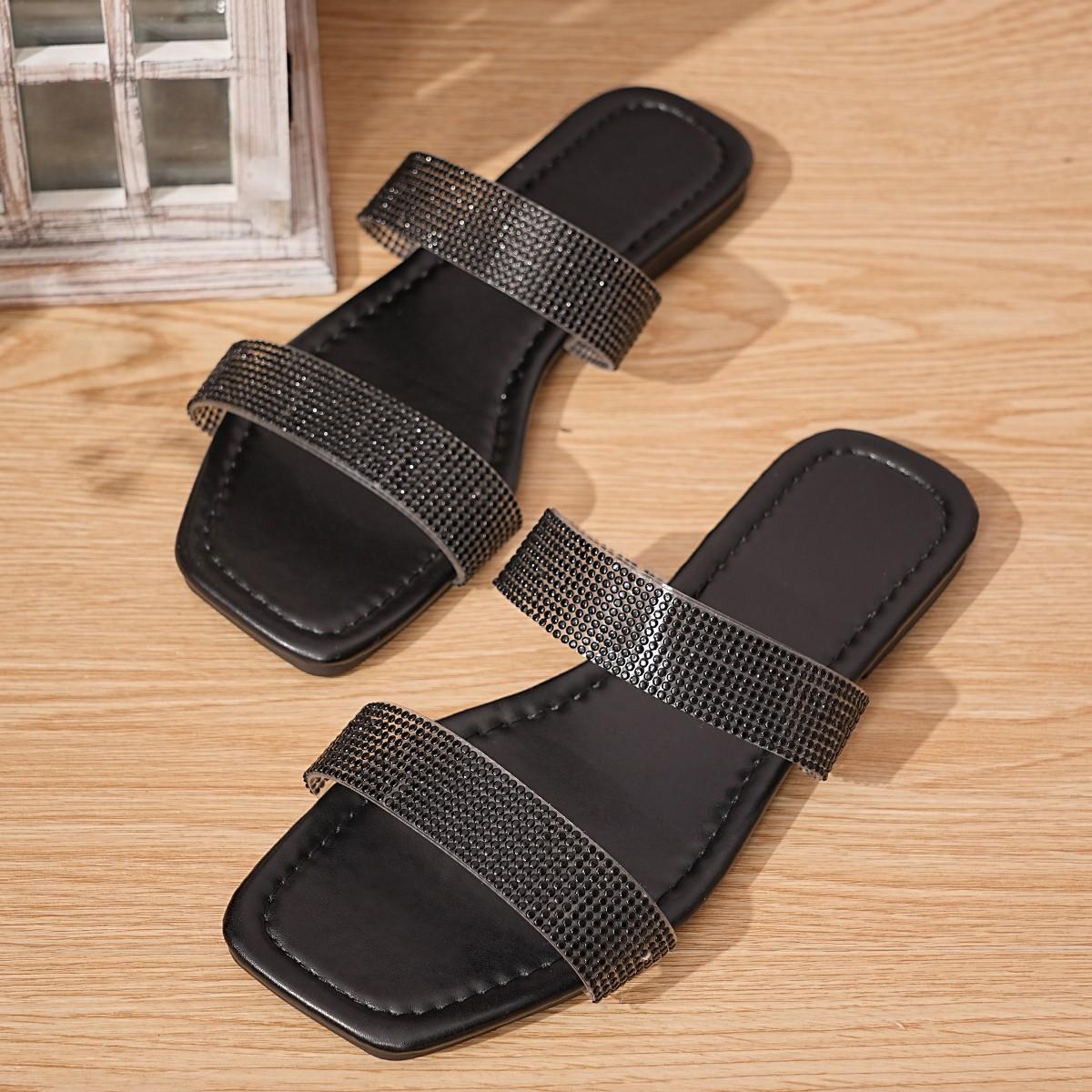 

Сандалии женские 2025 летние большие размеры тапочки на плоской подошве сияющие ветром яркие бриллиантовые сандалии 43 чёрный